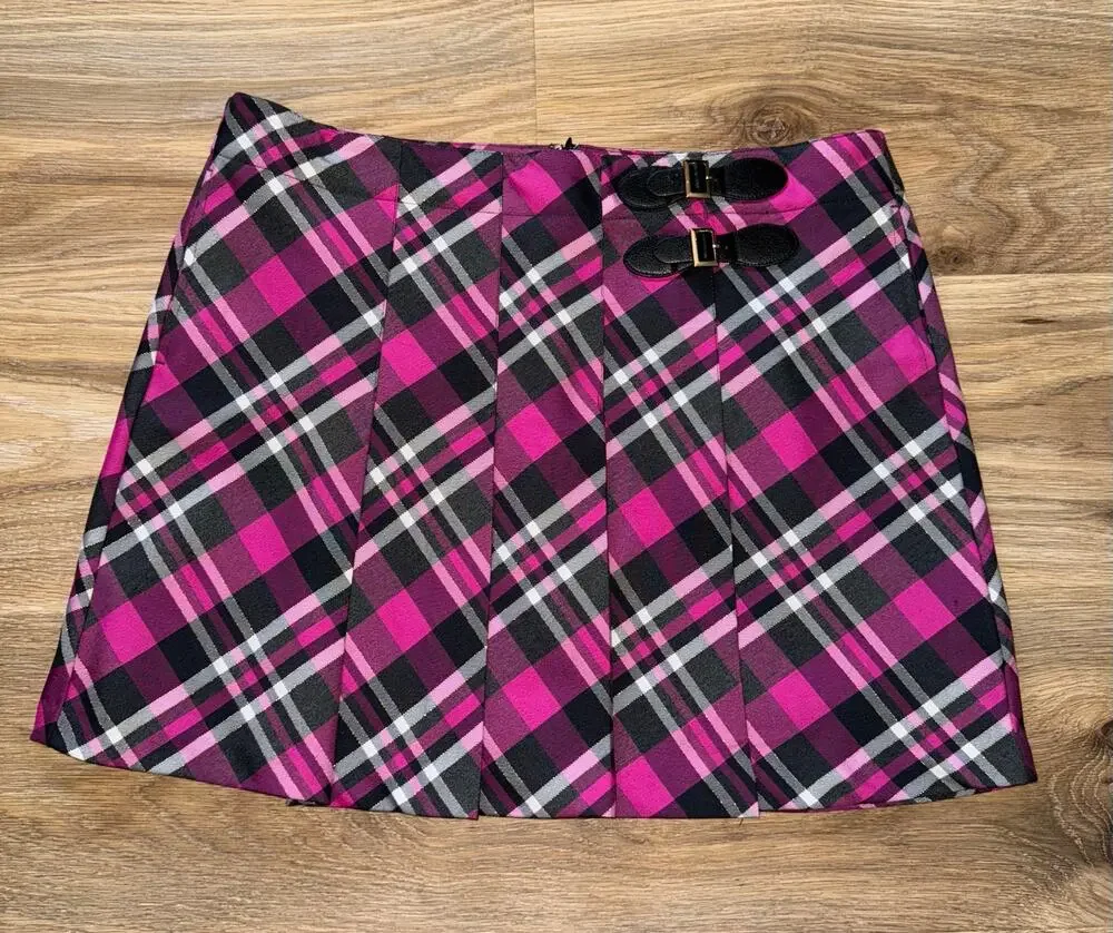 Lady Hagen Pink/Black Plaid Pleated Golf Skort with Buckle - size 12 - OD